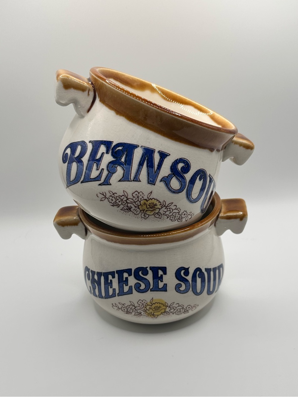 Vintage Japanese Soup Crocks Set | Cheese & Bean Bowls, Floral Stoneware (1980s)